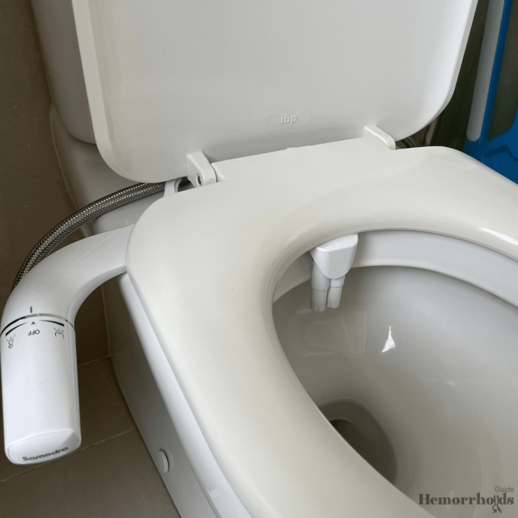 White toilet seat with bidet installed to help clean after pooping and fight discomfort from hemorrhoid itching
