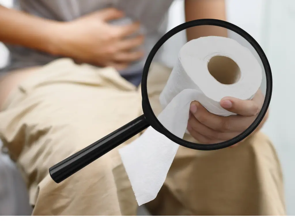 man seating on a toilet holding a toilet paper while holding his stomach signalling pain from hemorrhoids