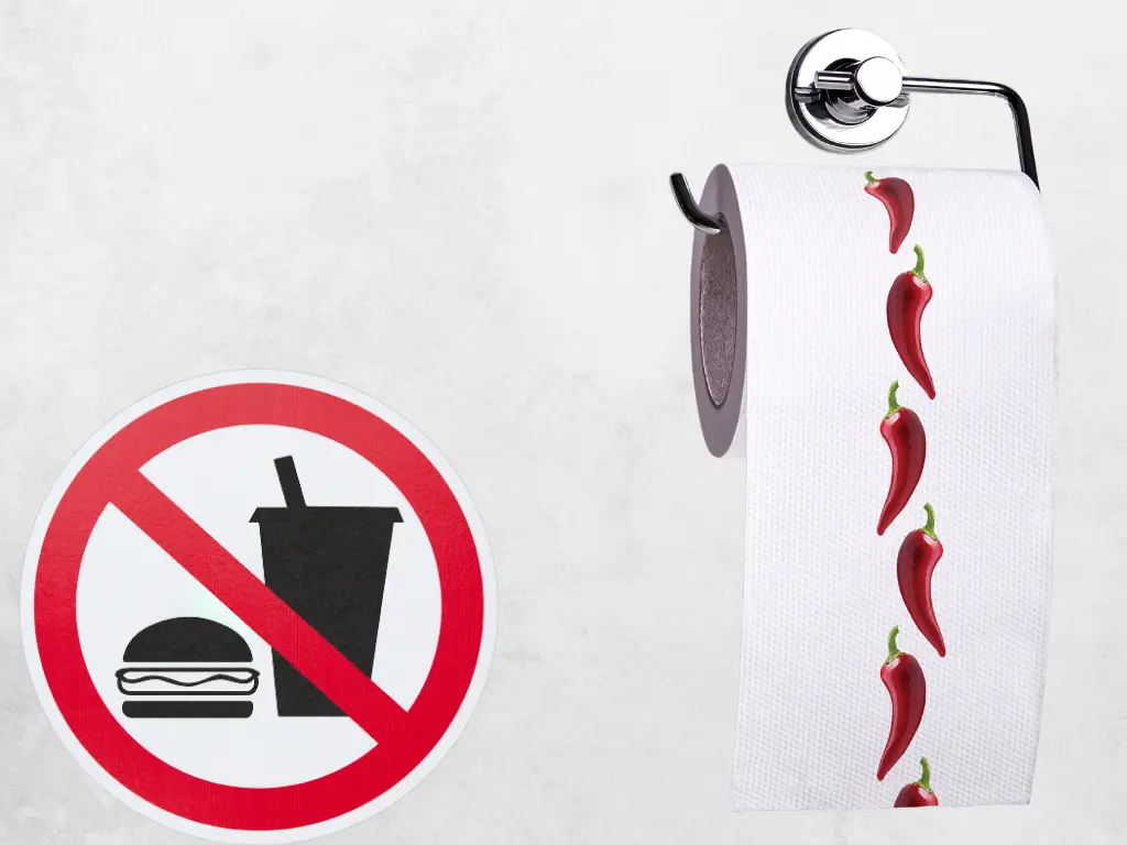 toilet paper with red chilly print and a no junk food sign signalling foods to avoid when you have hemorrhoids