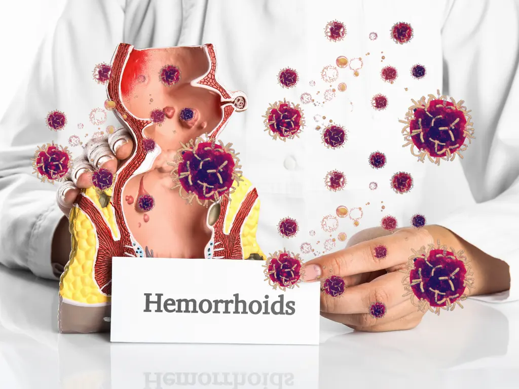 Doctor demonstration a hemorrhoids on a model and a cancer cells scattered