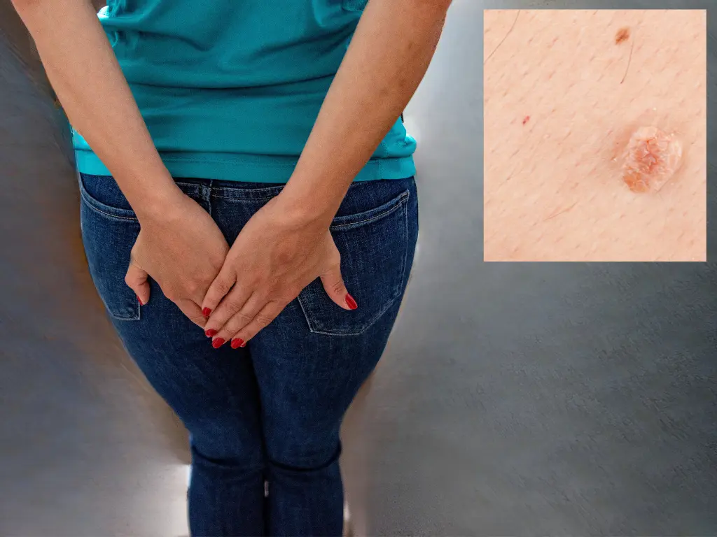 Woman holding her back side singling pain from hemorrhoids and sample of wart