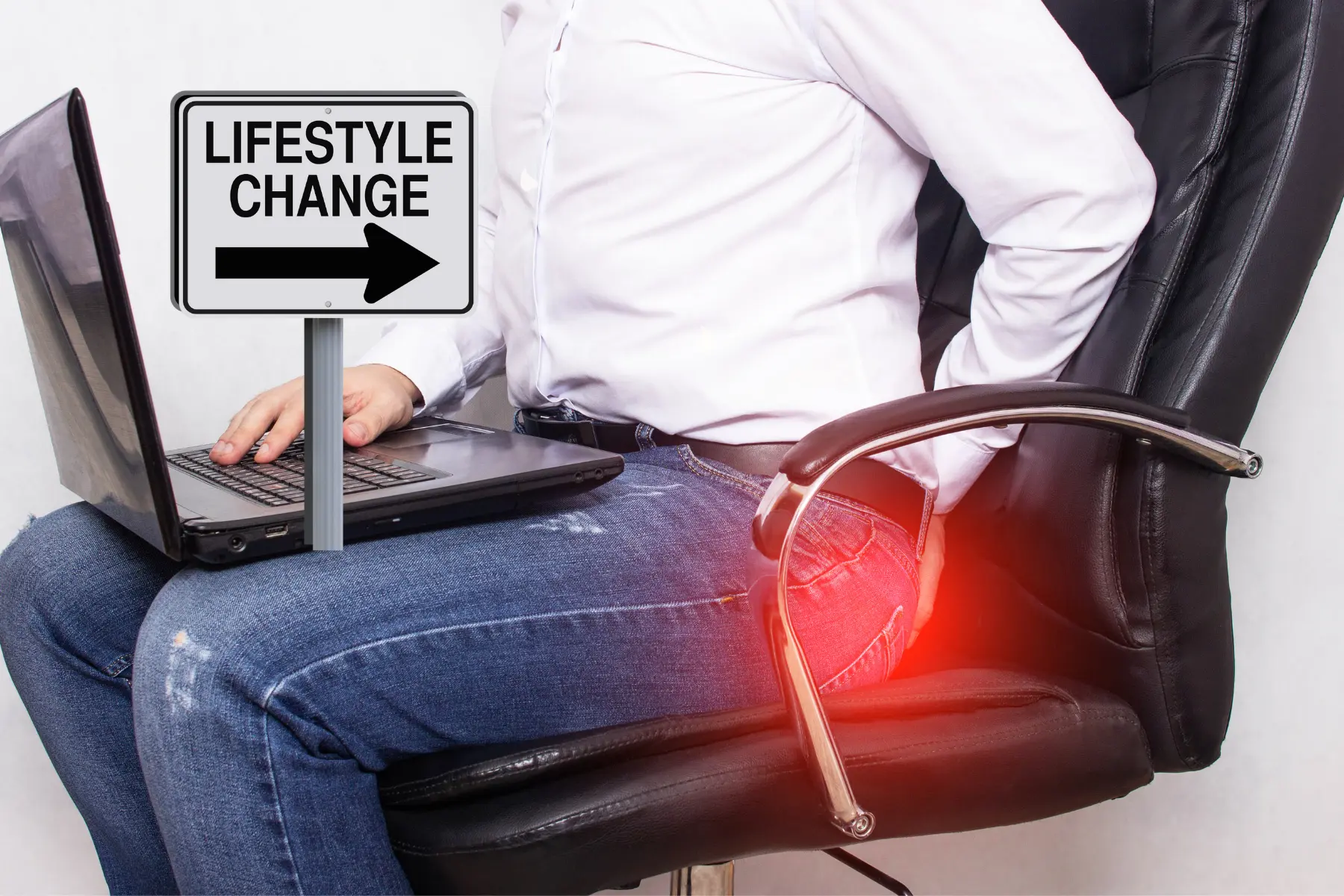 Man seating on a chair holding his bottom from pain from hemorrhoids, and a sign for lifestyle change with a right facing arrow
