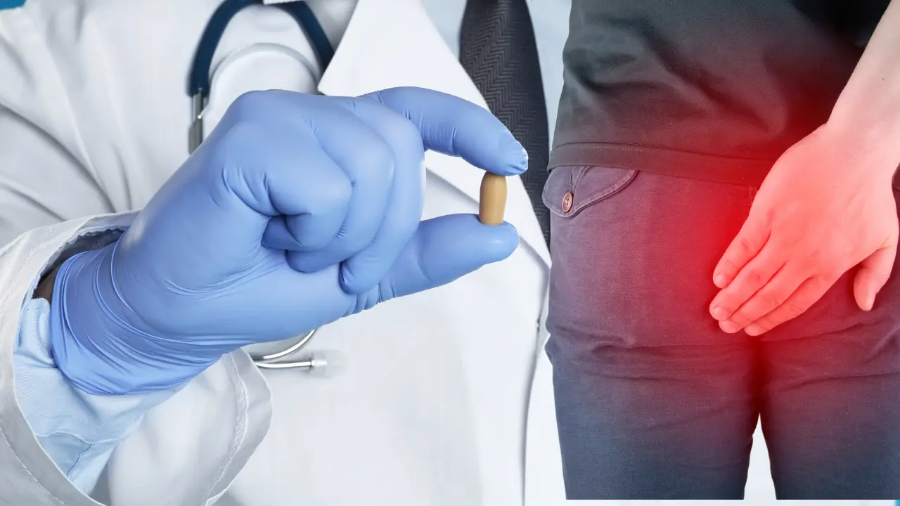 Doctor holding a medication for hemorrhoids and a man signalling pain from hemorrhoid