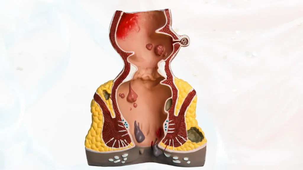 a model of rectum that's showing thromboses external and internal hemorrhoids